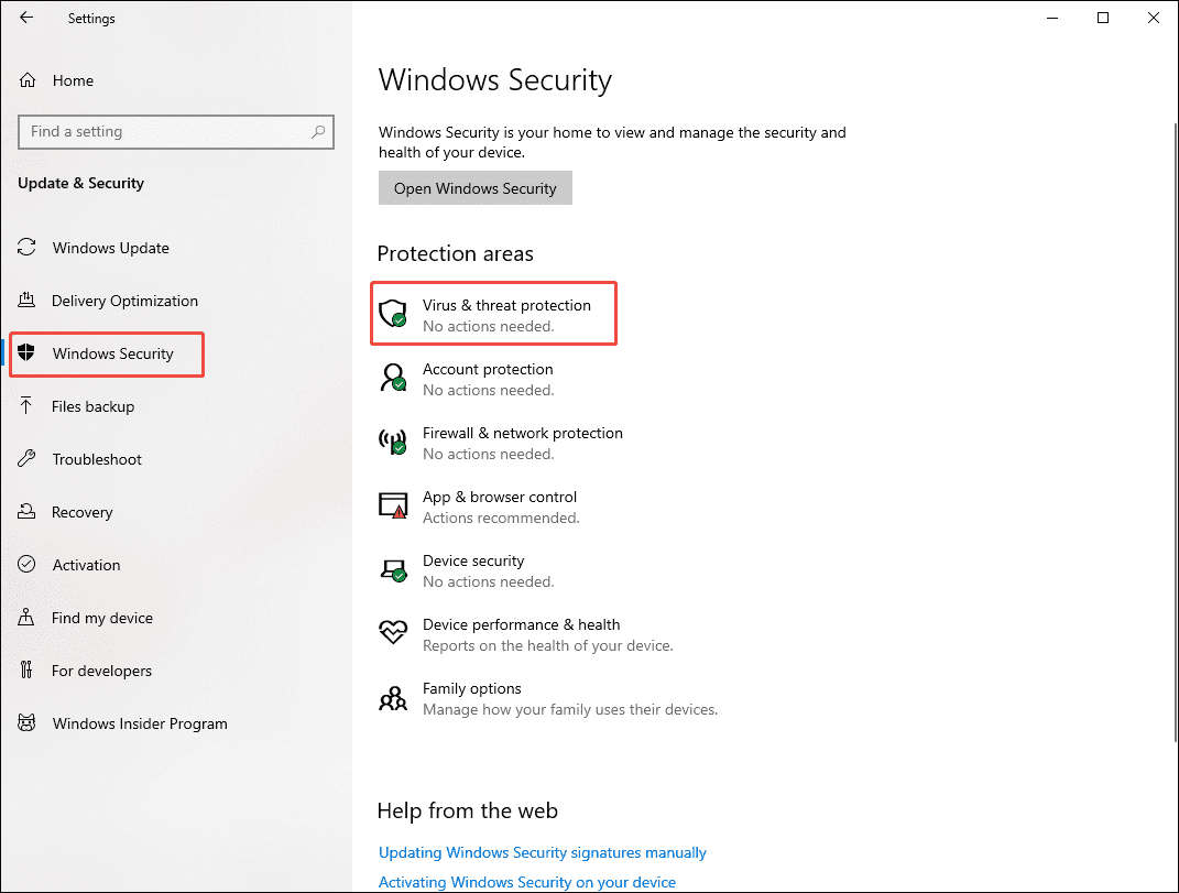 Windows Update and Security interface with the Virus and threat protection option selected under Windows Security.