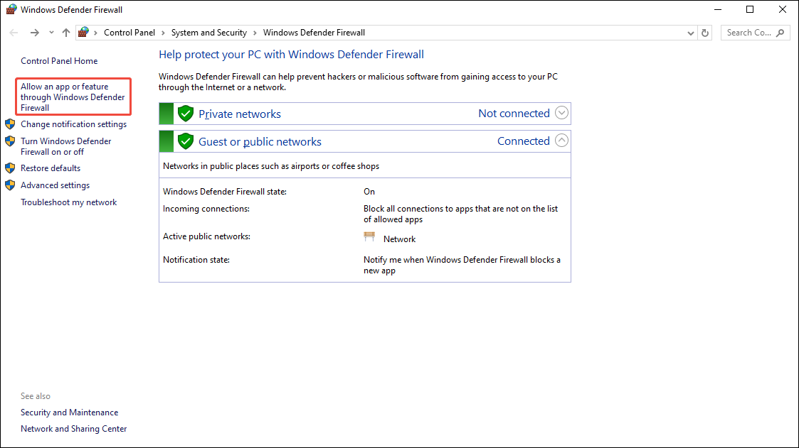 Windows System and Security interface with the Allow an app or a feature through Windows Defender Firewall option selected.