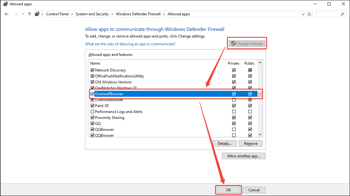 Windows Defender Firewall interface showing how to allow Overwolf through the firewall.