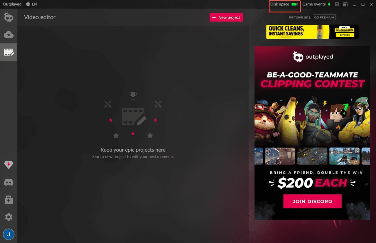 Outplayed main interface with the Disk Space option selected.