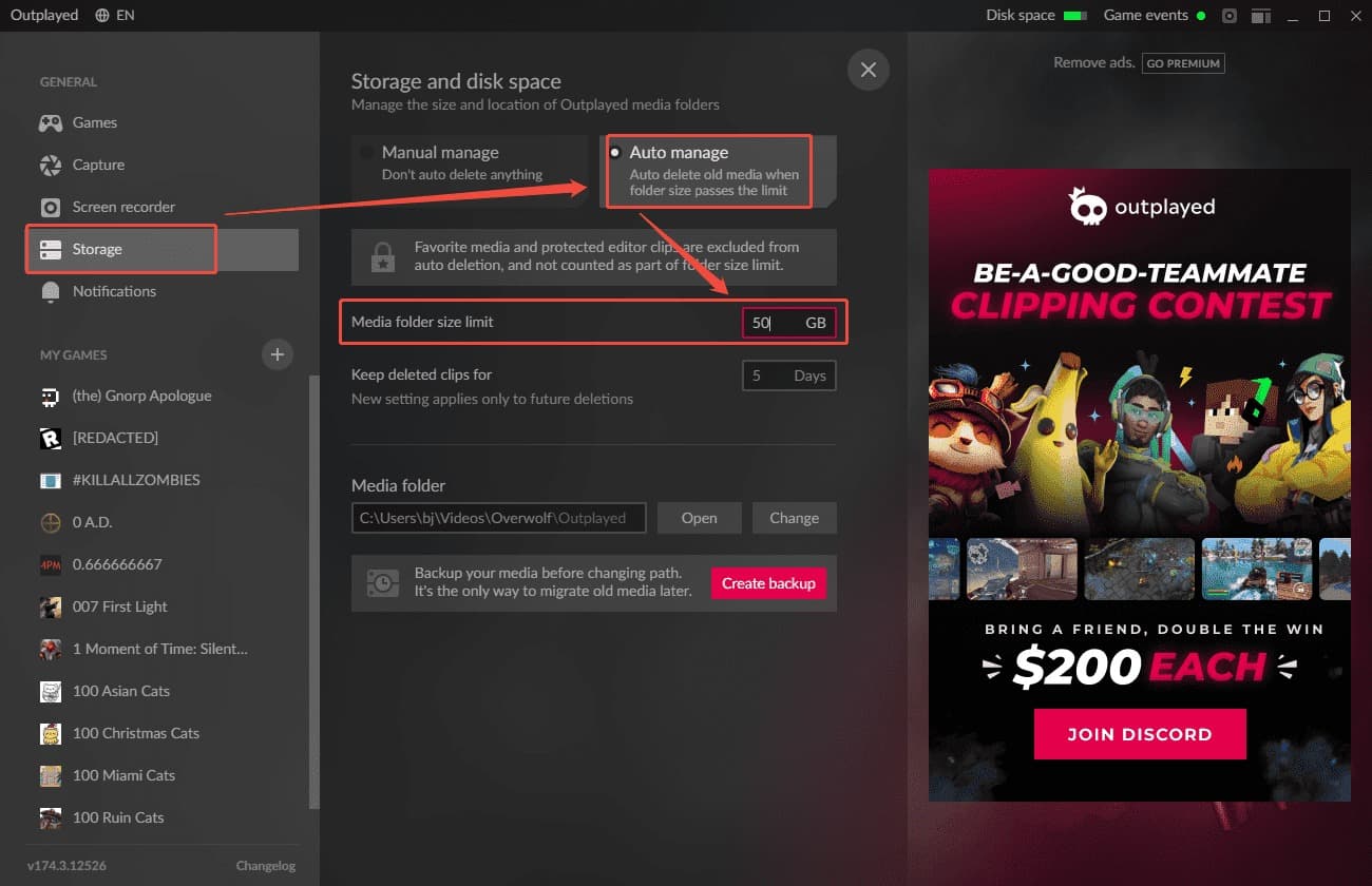 Outplayed Storage interface showing how to set the media folder size limit.