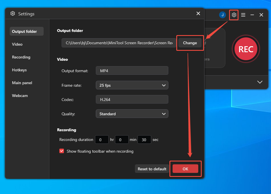 MiniTool Screen Recorder interface showing how to change the save path of the YouTube audio recording.