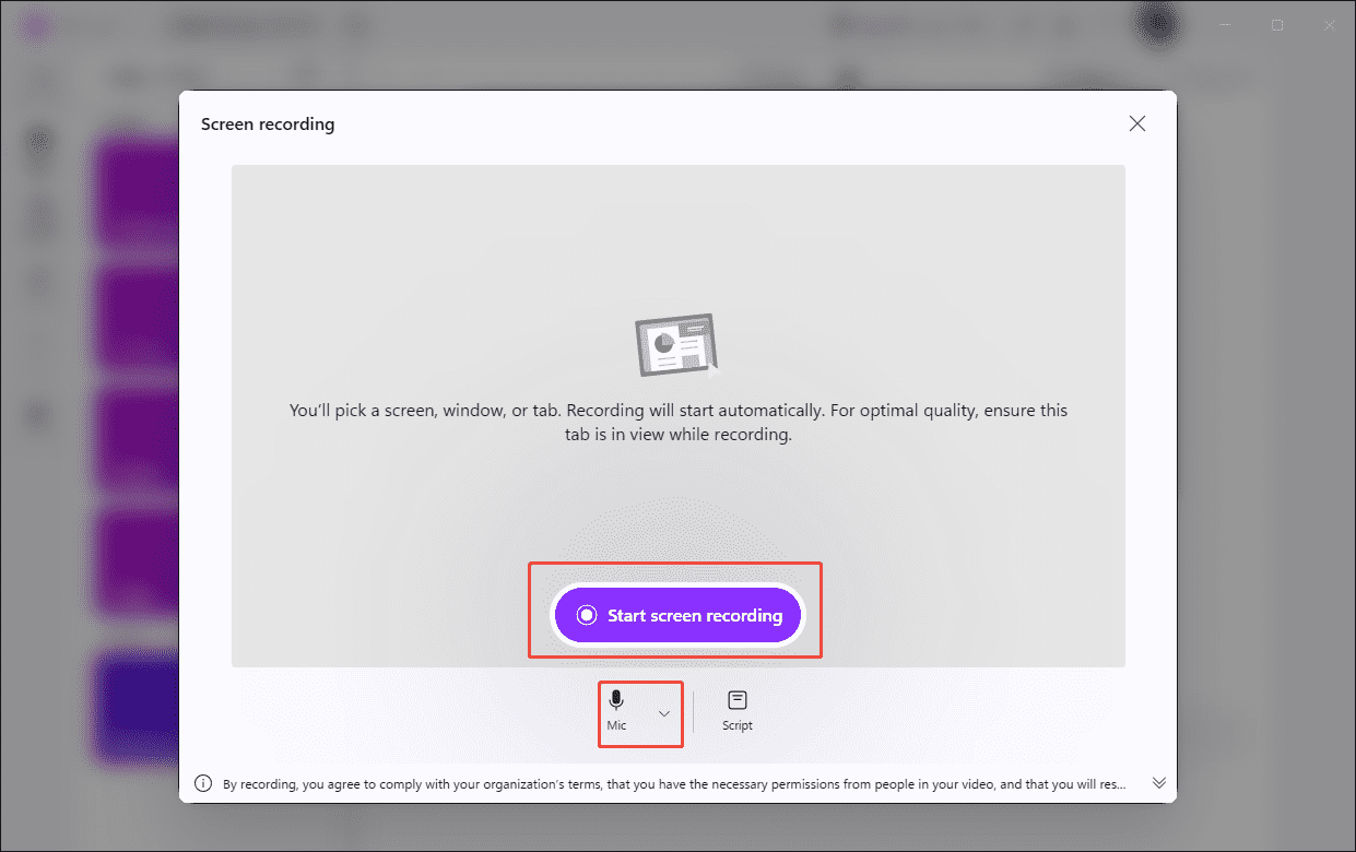 Clipchamp record interface with the Start screen recording option and Microphone icon selected.