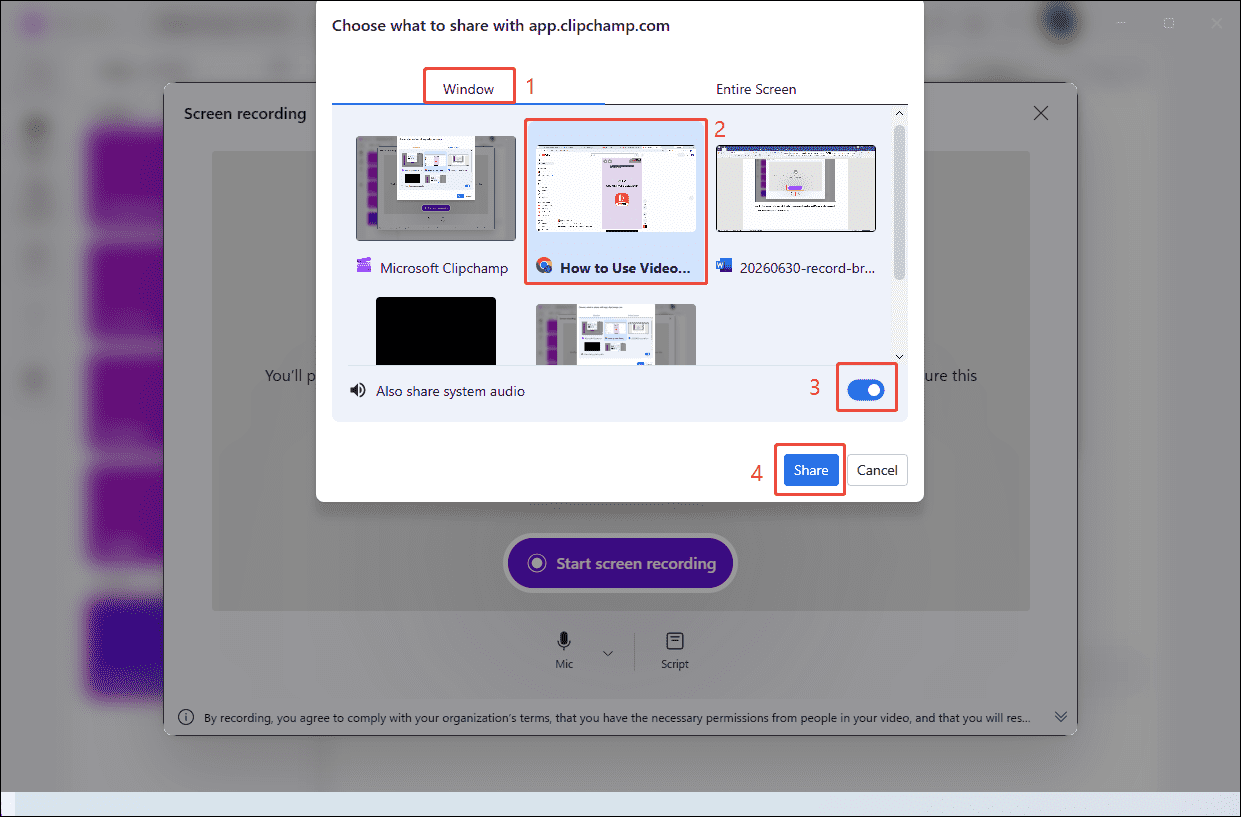 Clipchamp record interface showing how to enable the system audio recording feature and begin recording the browser video.