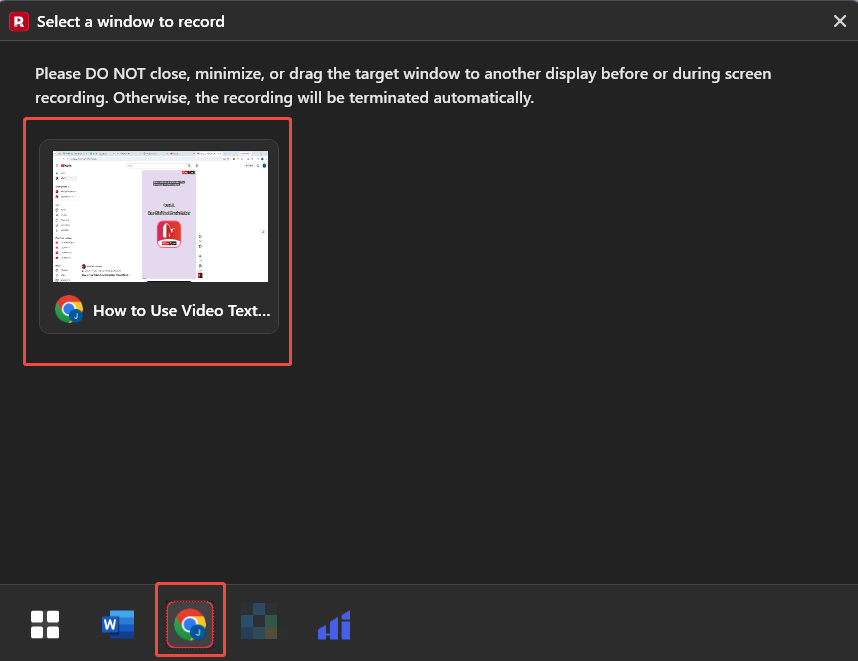 MiniTool Screen Recorder interface with target browser selected.