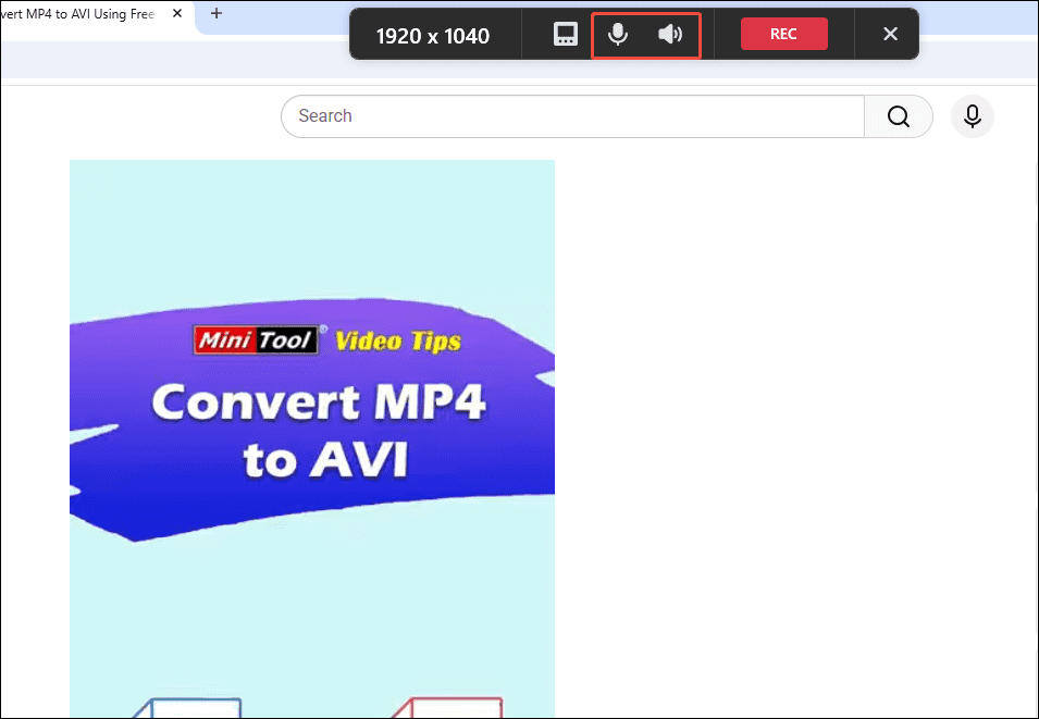 MiniTool Screen Recorder interface with the System Audio and Microphone icons selected on the floating bar.