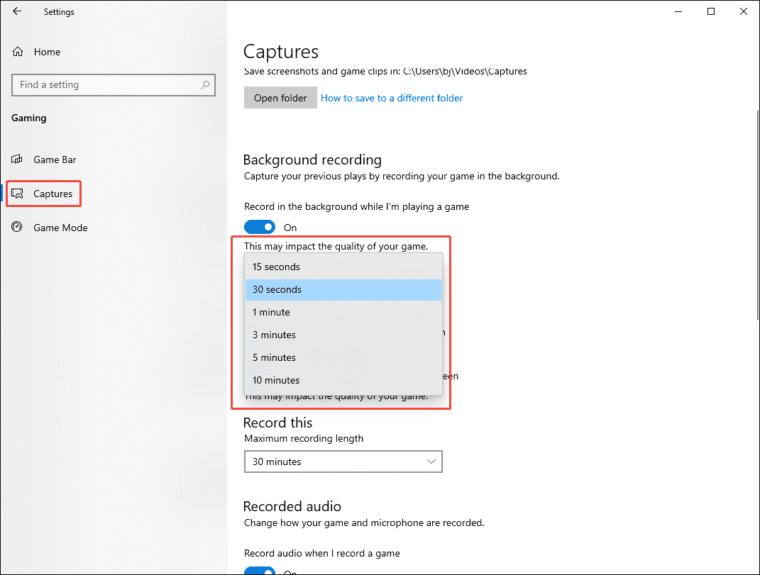Windows Captures Settings interface with the Record the last option expanded under the Captures section.
