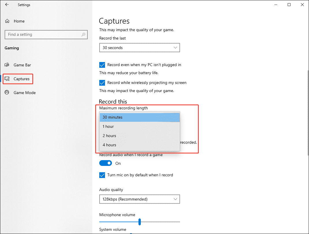 Windows Captures Settings interface with the Maximum recording length option expanded under the Captures section.