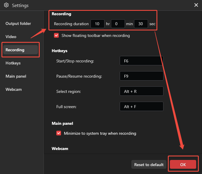 MiniTool Screen Recorder Settings interface showing how to set the recording duration under the Recording section.