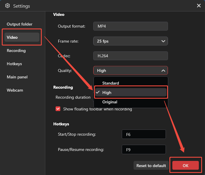 MiniTool Screen Recorder Settings interface showing how to set the video recording quality.
