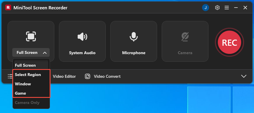 MiniTool Screen Recorder interface with the recording area option expanded.