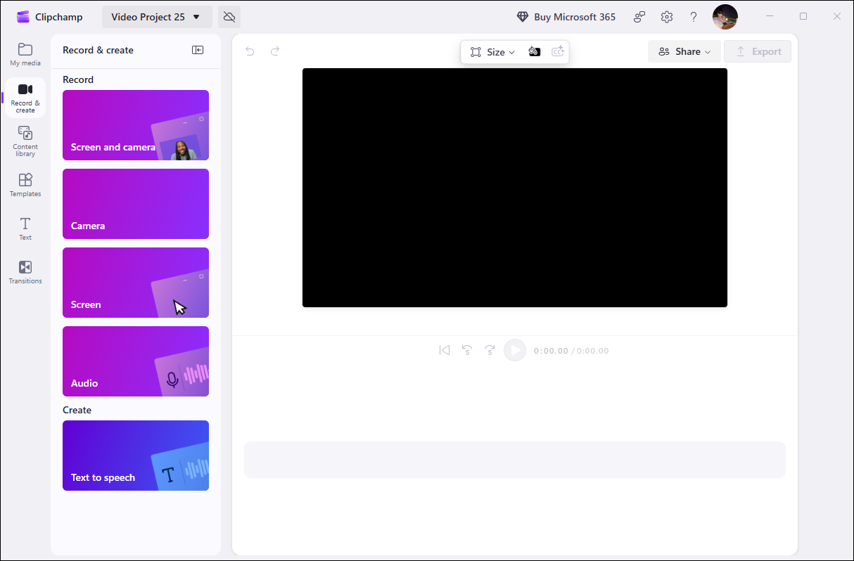 The recording interface of Clipchamp.