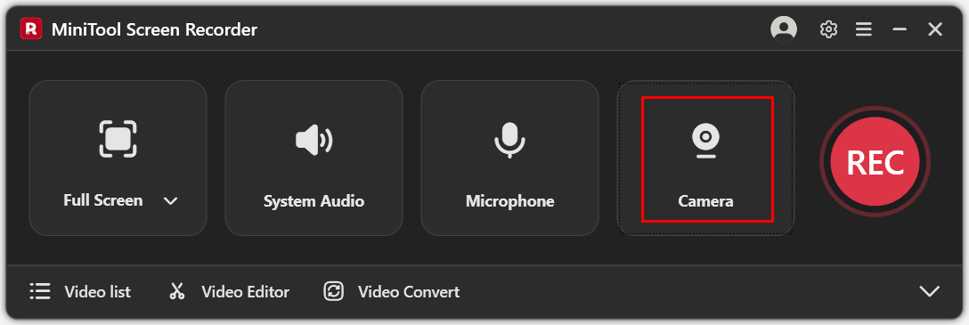 MiniTool Screen Recorder interface with the Camera icon selected.