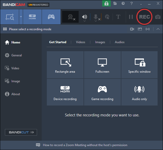 The main interface of Bandicam.