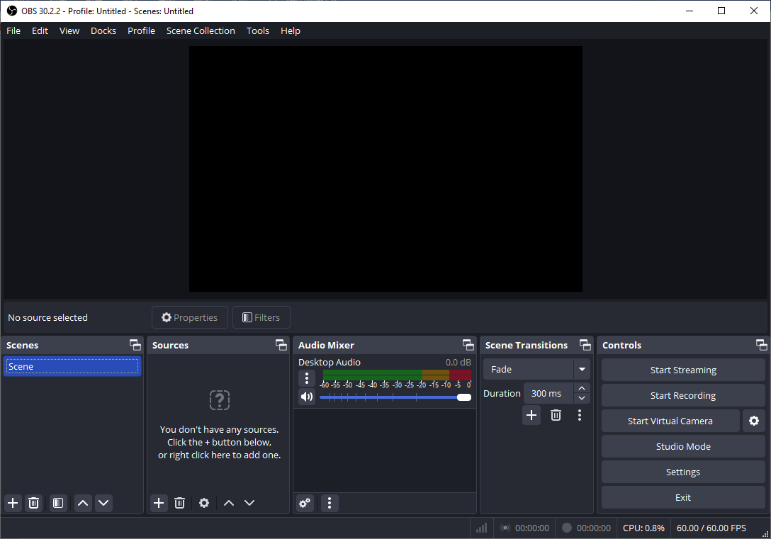 The main interface of OBS Studio.