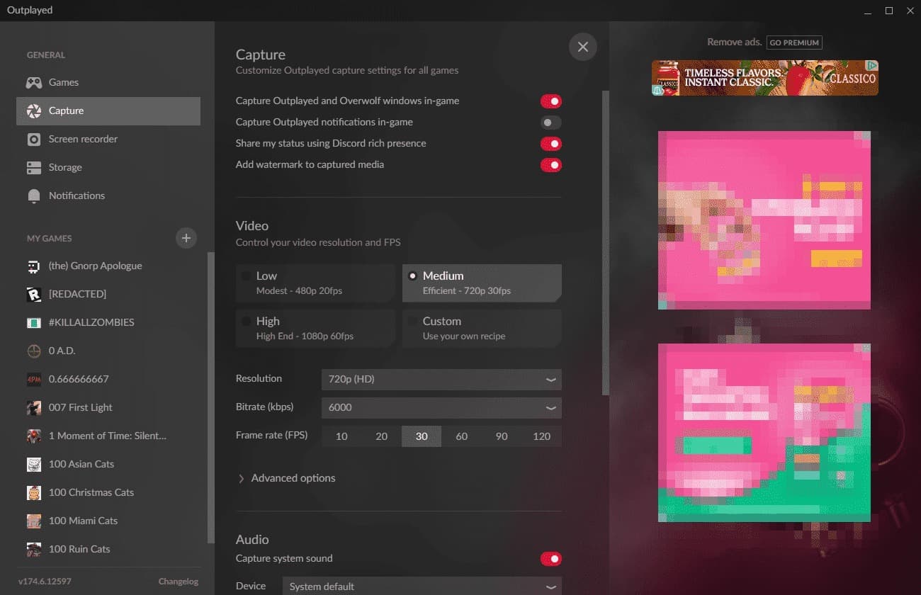 The Outplayed Capture settings interface.