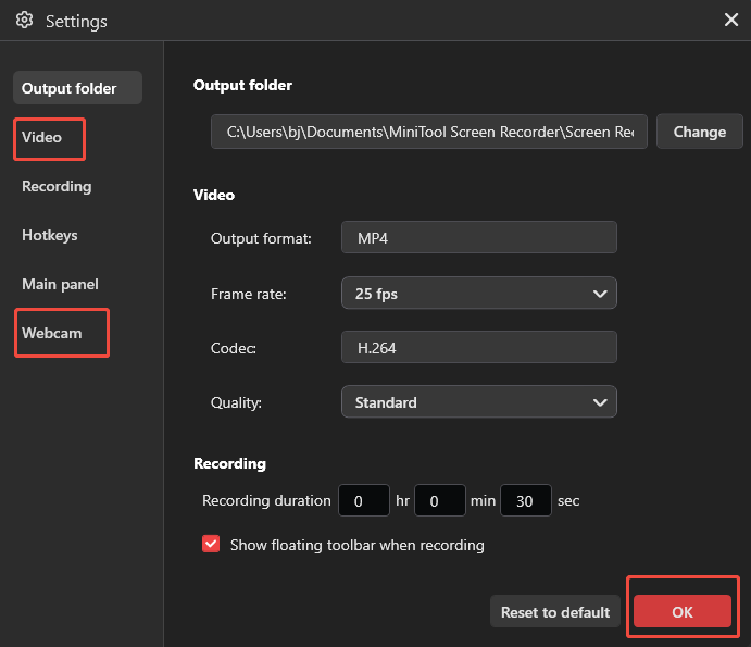 MiniTool Screen Recorder interface showing how to configure the video recording and webcam recording settings.