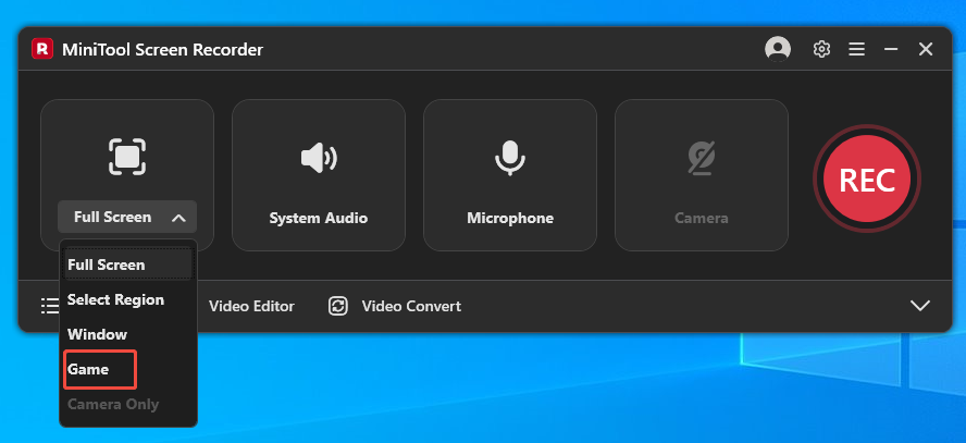 MiniTool Screen Recorder interface with the Full Screen option expanded and the Game option selected.