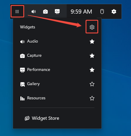 Xbox Game Bar interface with the Widget Menu and Settings options selected.