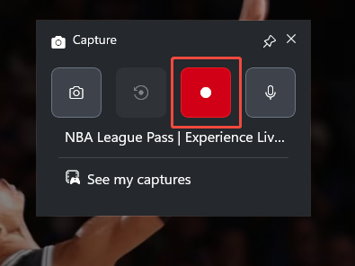 The Capture interface of the Xbox Game Bar with the Start recording icon selected.