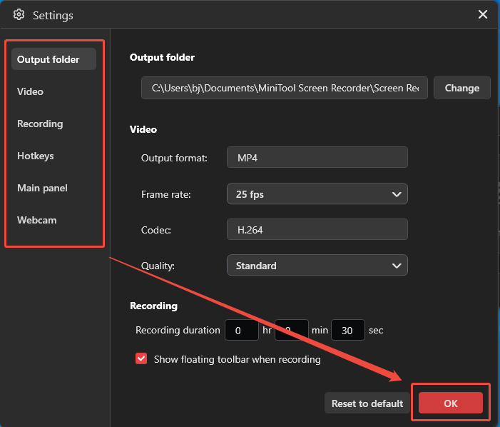 MiniTool Screen Recorder Settings interface showing how to configure the recording parameters.