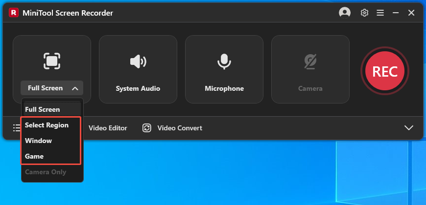 MiniTool Screen Recorder interface with the recording area option expanded.