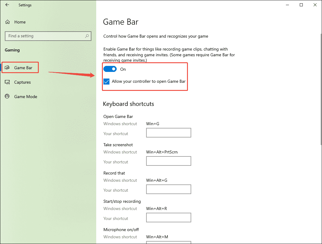 The Windows Settings interface showing how to enable the feature of the Game Bar under the Game Bar section.