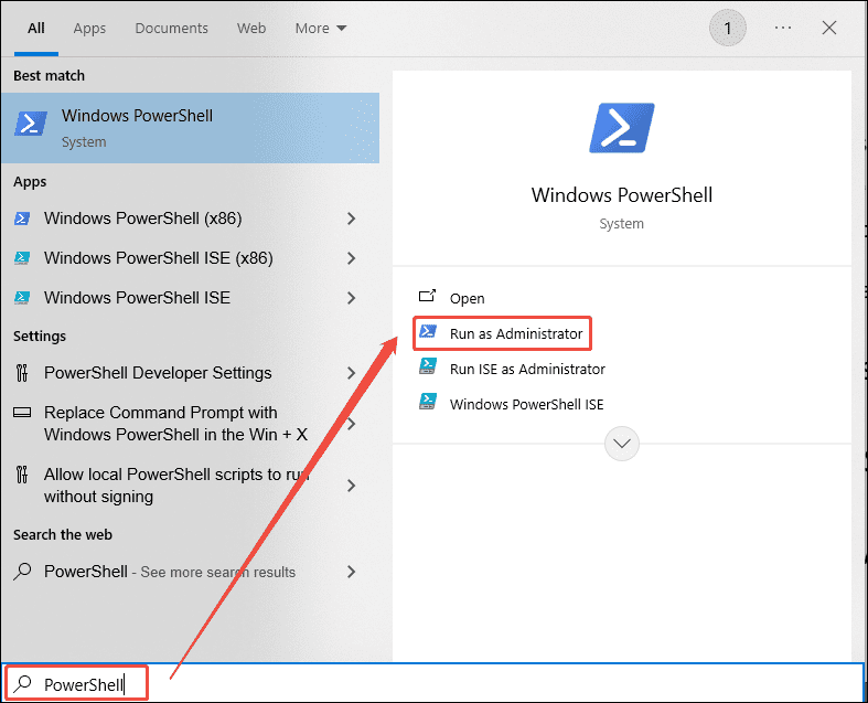 Windows Search bar showing how to open Windows PowerShell.