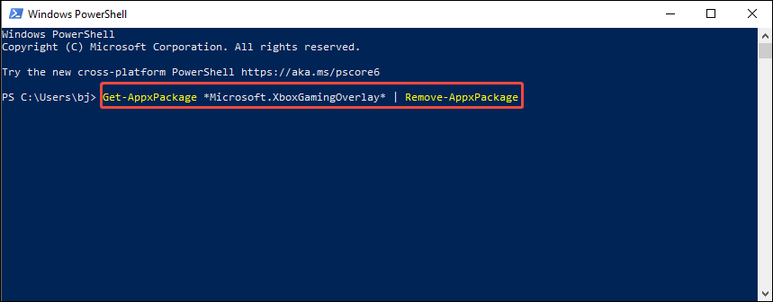 Windows PowerShell interface with a Game Bar uninstall command selected.