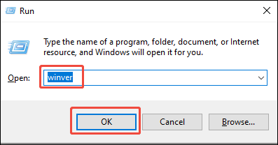 Windows Run dialog box showing how to check the Windows version.