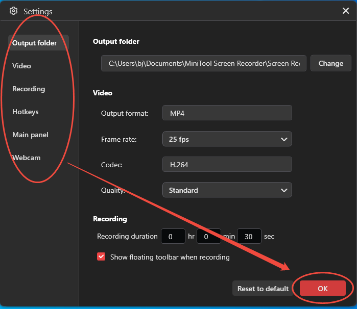 MiniTool Screen Recorder Settings interface showing how to configure recording parameters.