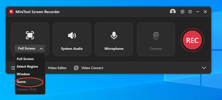 MiniTool Screen Recorder interface with the Full Screen option expanded and the Game option selected.
