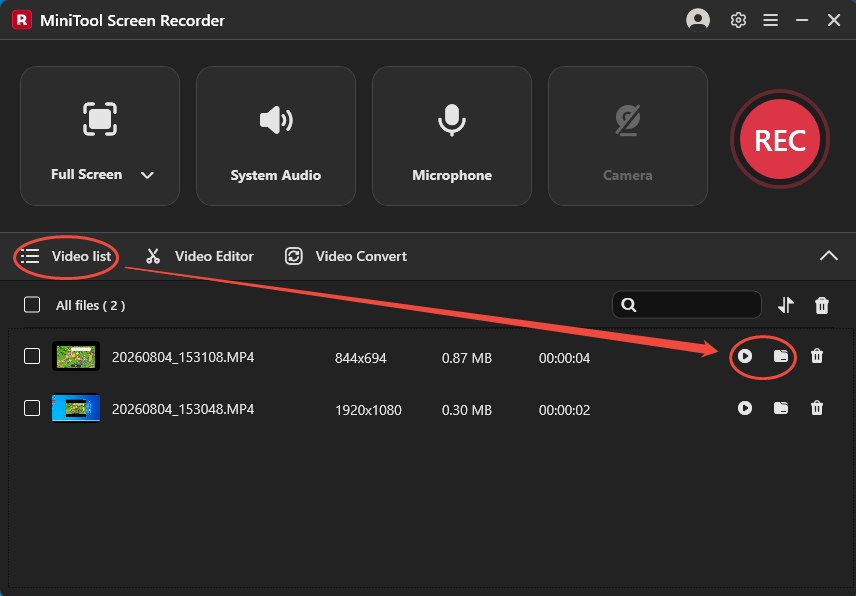 MiniTool Screen Recorder interface showing how to play and check the recorded video under the Video list section.