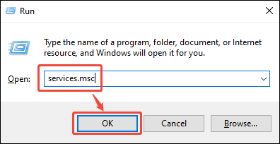 The Run window showing how to open the Windows Services window.