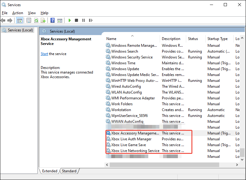 The Windows Services interface with the Xbox Game Bar relevant services selected.