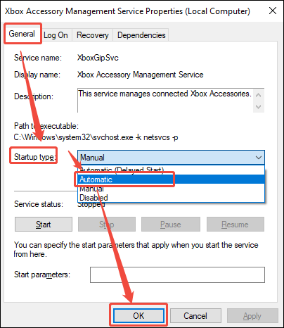The Xbox Services interface showing how to set the startup type to automatic status under the General section.