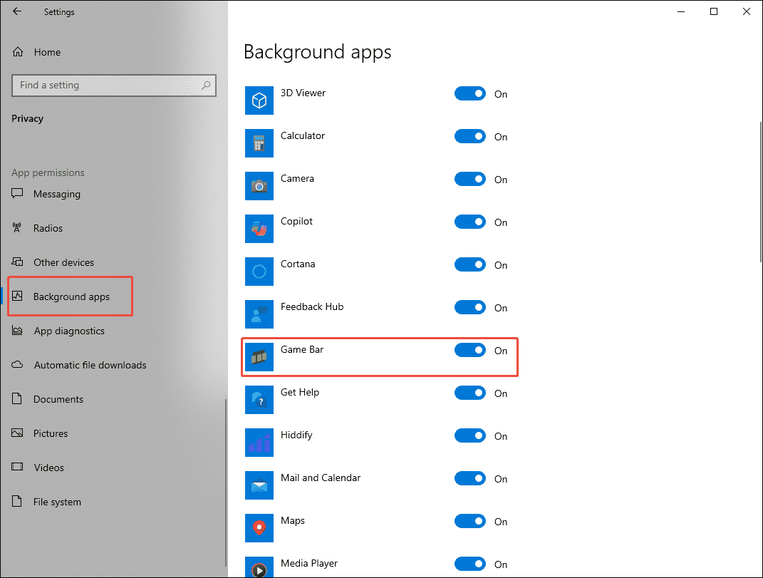 The Windows Settings interface with the Game Bar run in the background permission enabled under the Background app section.