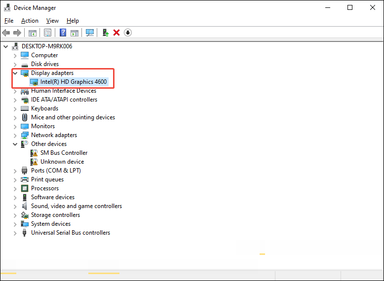 Windows Device Manager interface with the Display adapter menu expanded and the graphics driver selected.