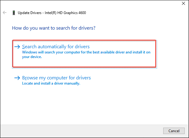 The Windows Device Manager interface showing how to update the graphics driver version under the Update driver section.