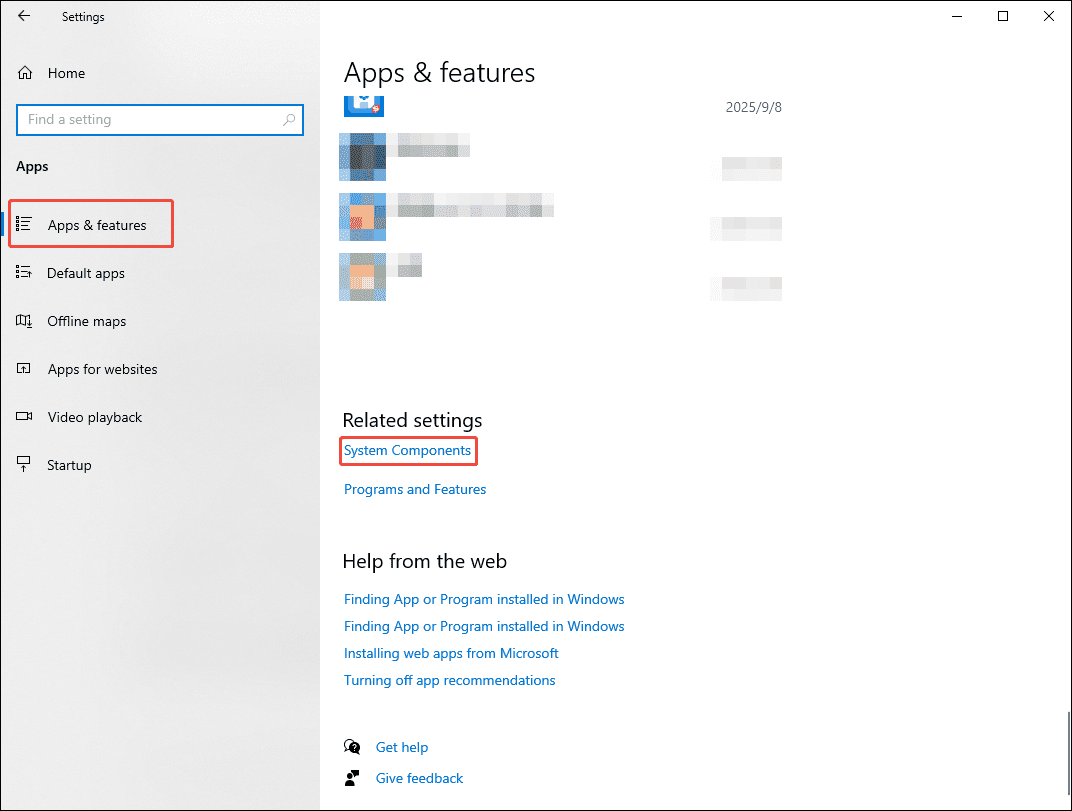Windows Settings interface with System Components selected under the Apps and features section.