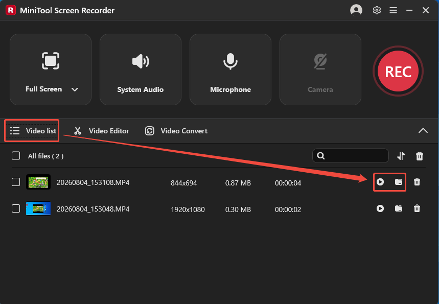 MiniTool Screen Recorder Video list section showing how to view and check the recorded gameplay video.