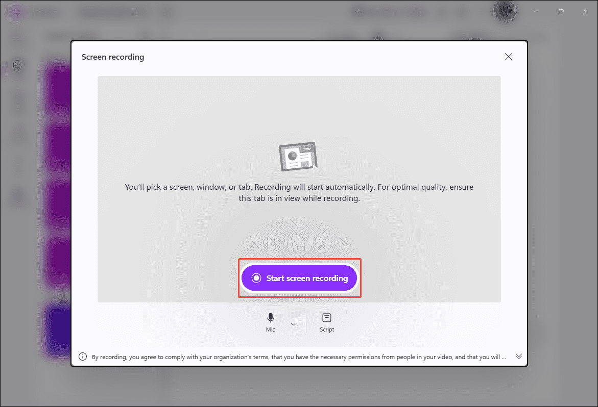Clipchamp recording interface with the Start screen recording option selected.