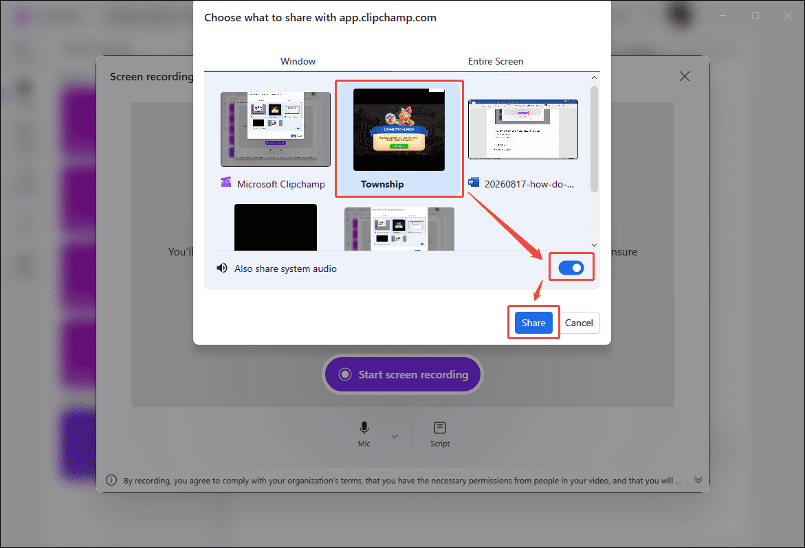 Clipchamp recording interface with the Also share system audio option selected and showing how to begin game recording.