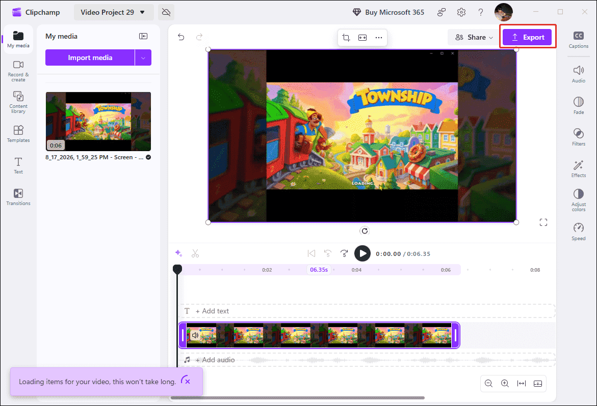 Clipchamp recording interface with the Export option selected.