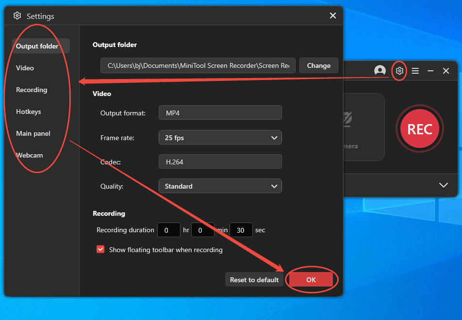 MiniTool Screen Recorder Settings interface showing how to adjust the recording parameters.