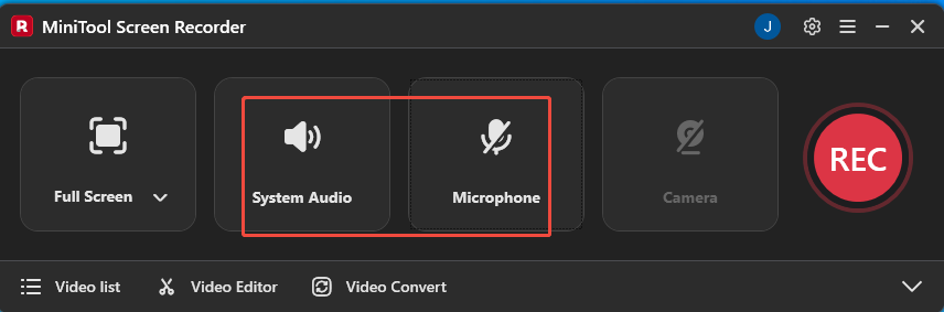 MiniTool Screen Recorder interface with the System Audio option enabled and the Microphone option disabled.