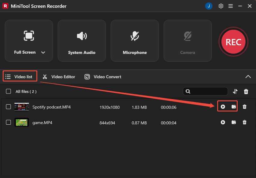 MiniTool Screen Recorder interface showing how to view and check the recorded Spotify podcast under the Video list section.