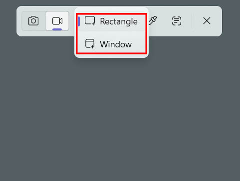 The Snipping Tool recording interface with the Recording area option expanded.