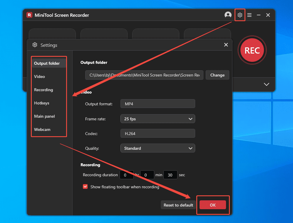 MiniTool Screen Recorder Settings interface showing how to set the recording settings.