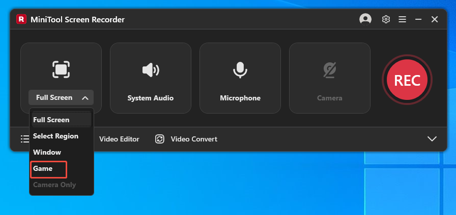 MiniTool Screen Recorder interface with the Full Screen option expanded and the game option selected.